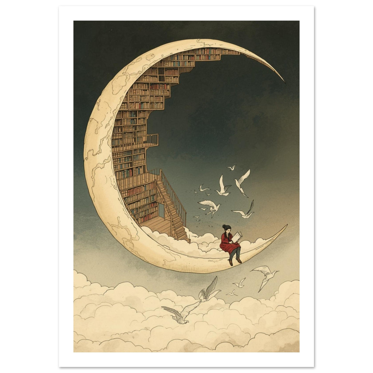 Crescent Moon Library Vintage Art Print – White Border
