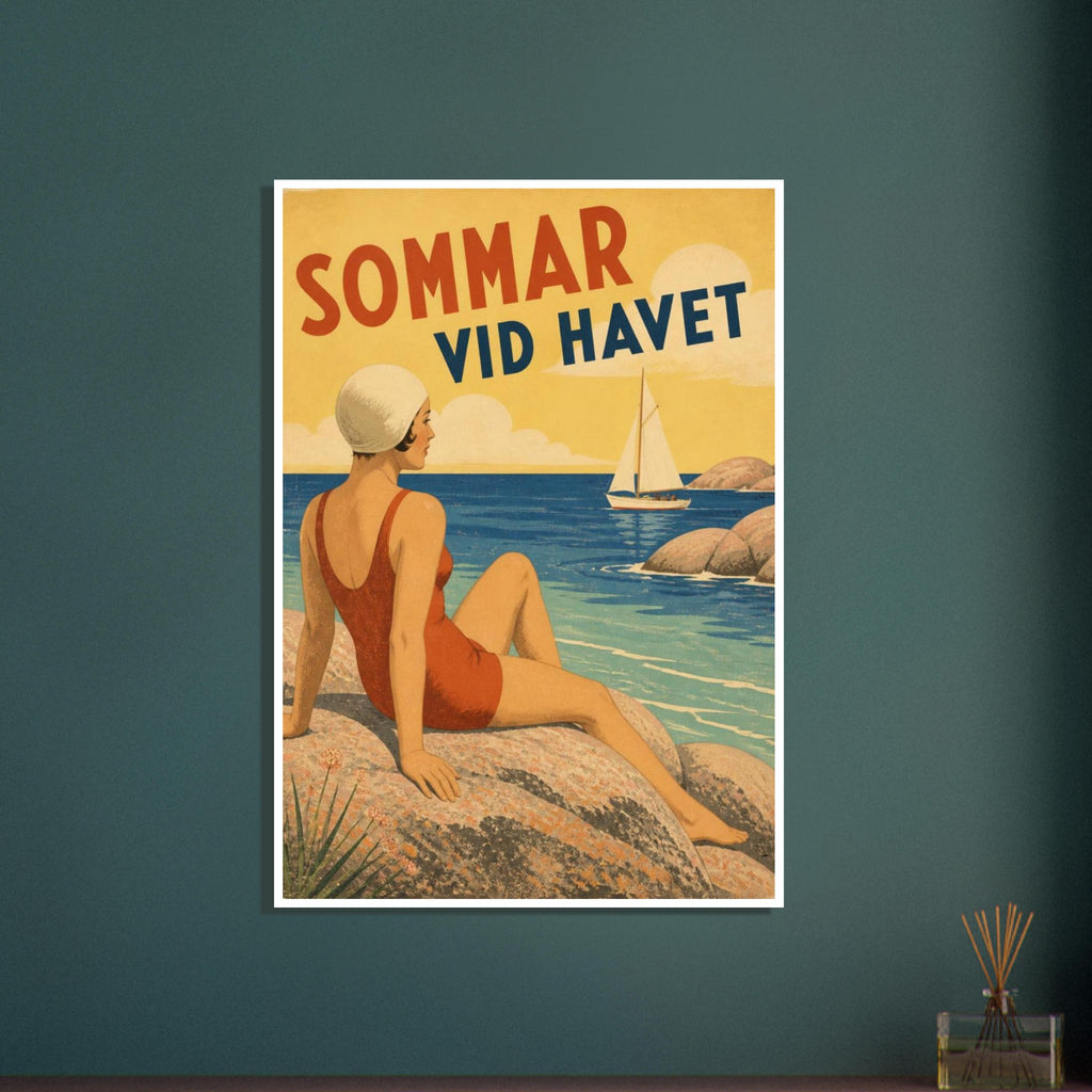 Woman in a red swimsuit seated on seaside rocks, with a sailboat, blue water and ‘SOMMAR VID HAVET’ lettering above.