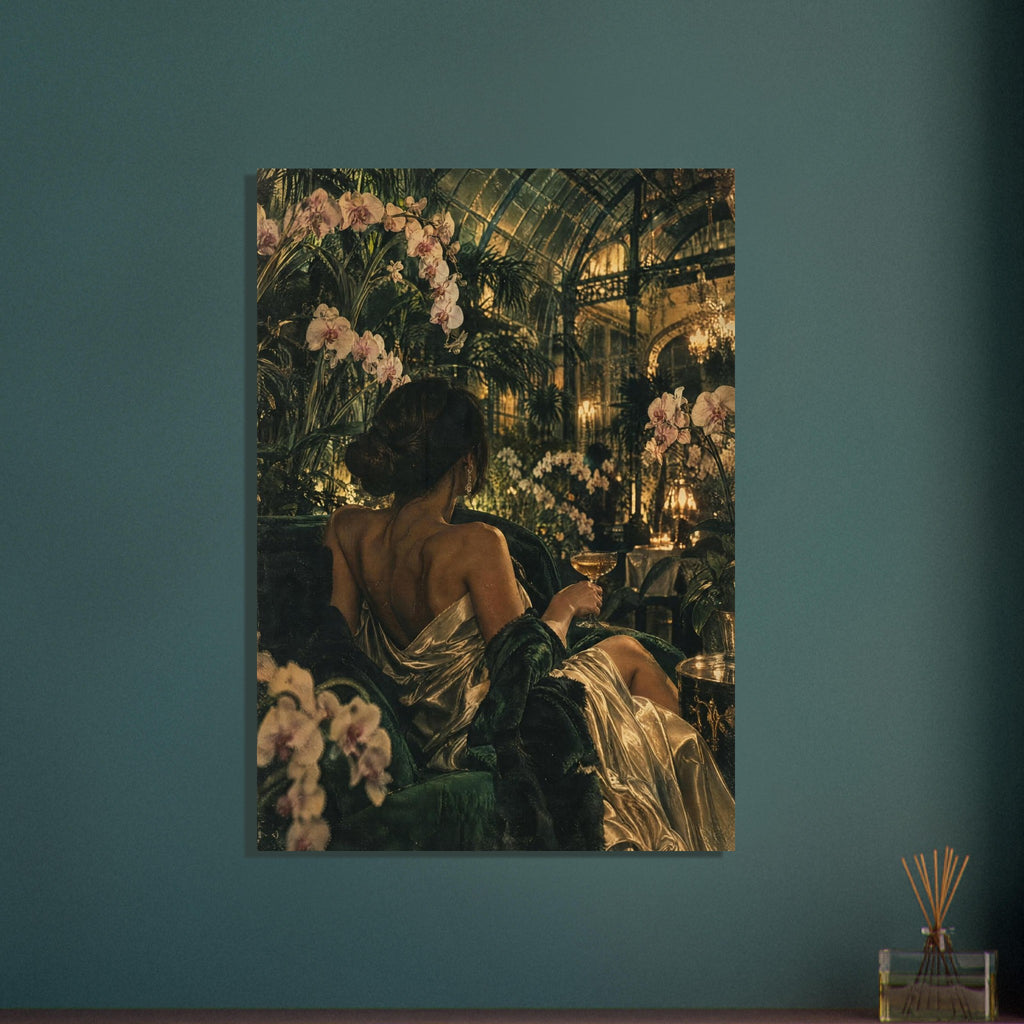 Woman in a gold dress holding a coupe glass, seated among pale orchids and dark foliage beneath a glasshouse roof.