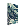 Lighthouse on rugged cliffs above breaking blue waves, beneath sweeping cream clouds in a textured navy sky.