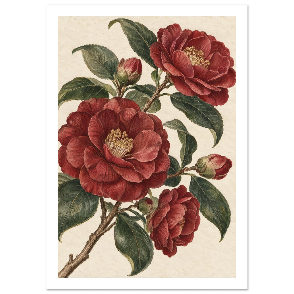 Red camellia blooms and buds on branching stems with dark green leaves against a textured cream background.