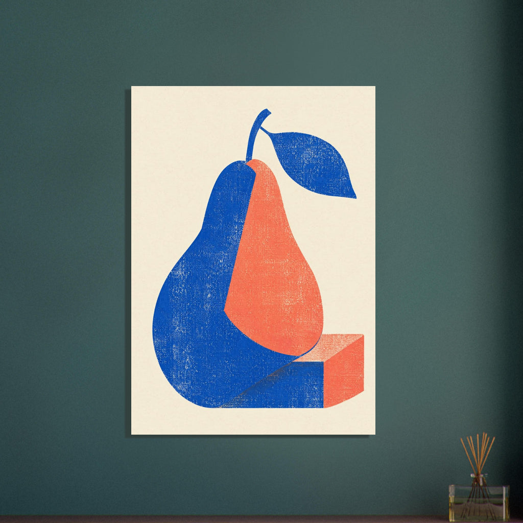 Stylised blue and coral pear with a blue leaf and geometric base, rendered in a distressed texture on cream.