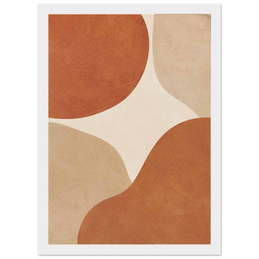 Abstract burnt orange and beige curved shapes on a cream background, with mottled texture and a narrow cream border.