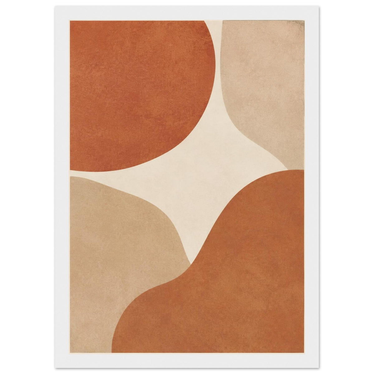 Abstract burnt orange and beige curved shapes on a cream background, with mottled texture and a narrow cream border.