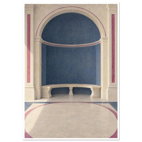Blue arched alcove with a curved cream stone bench, classical columns and rose-coloured borders across the floor.