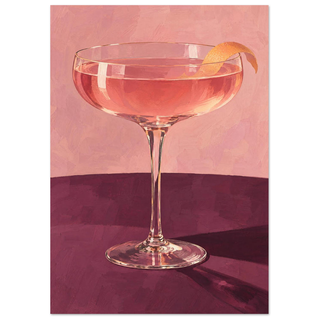 Coupe glass holding a pink cocktail with orange peel on a burgundy table against a textured pink background.