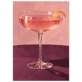 Coupe glass holding a pink cocktail with orange peel on a burgundy table against a textured pink background.