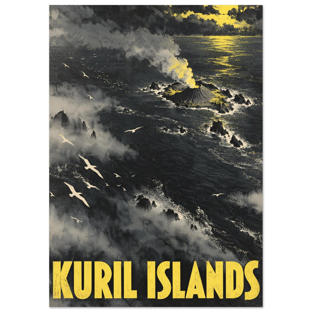 Kuril Islands poster with a smoking volcano, dark ocean, seabirds, grey mist and yellow light above bold yellow lettering.