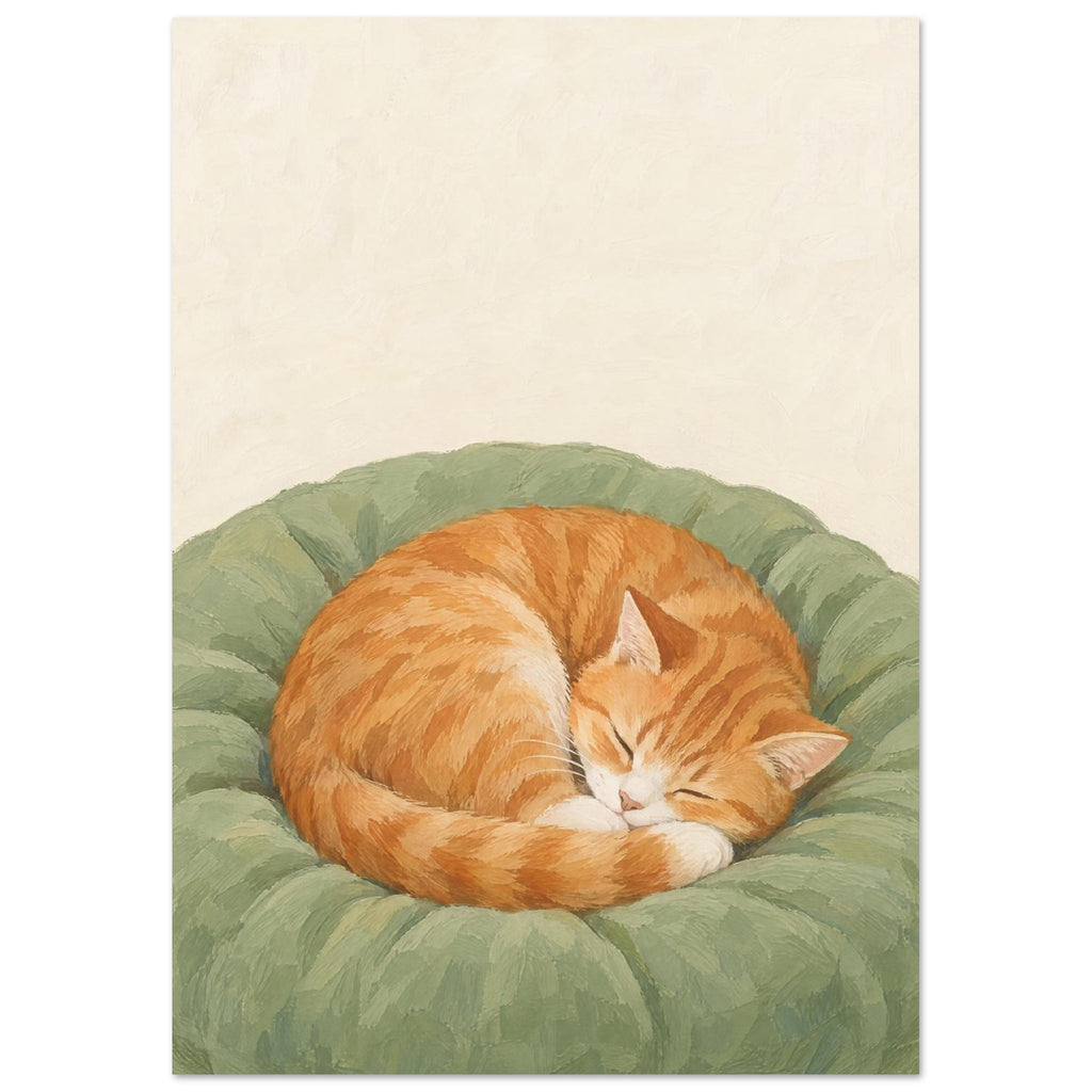 Ginger tabby cat sleeping curled on a sage-green cushion against a cream background, rendered with textured brushstrokes.