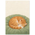 Ginger tabby cat sleeping curled on a sage-green cushion against a cream background, rendered with textured brushstrokes.