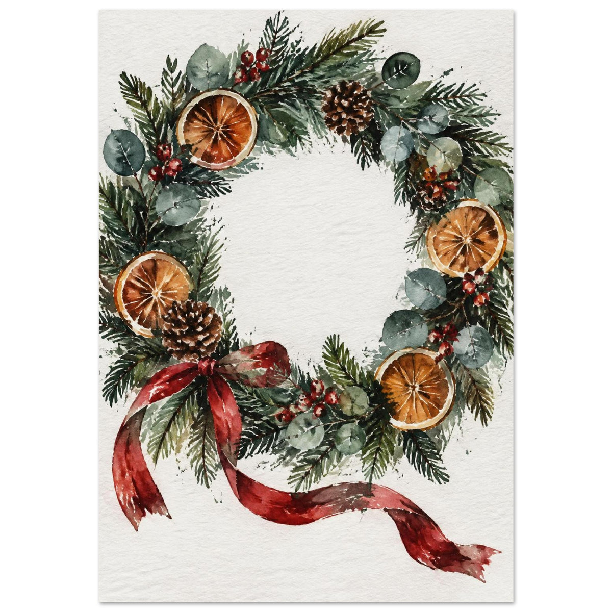 Watercolour Christmas wreath of spruce, eucalyptus, dried oranges and a red ribbon