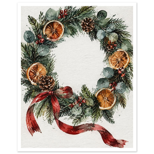 Watercolour wreath of evergreen foliage, eucalyptus, orange slices, pine cones and red berries with a trailing red bow.