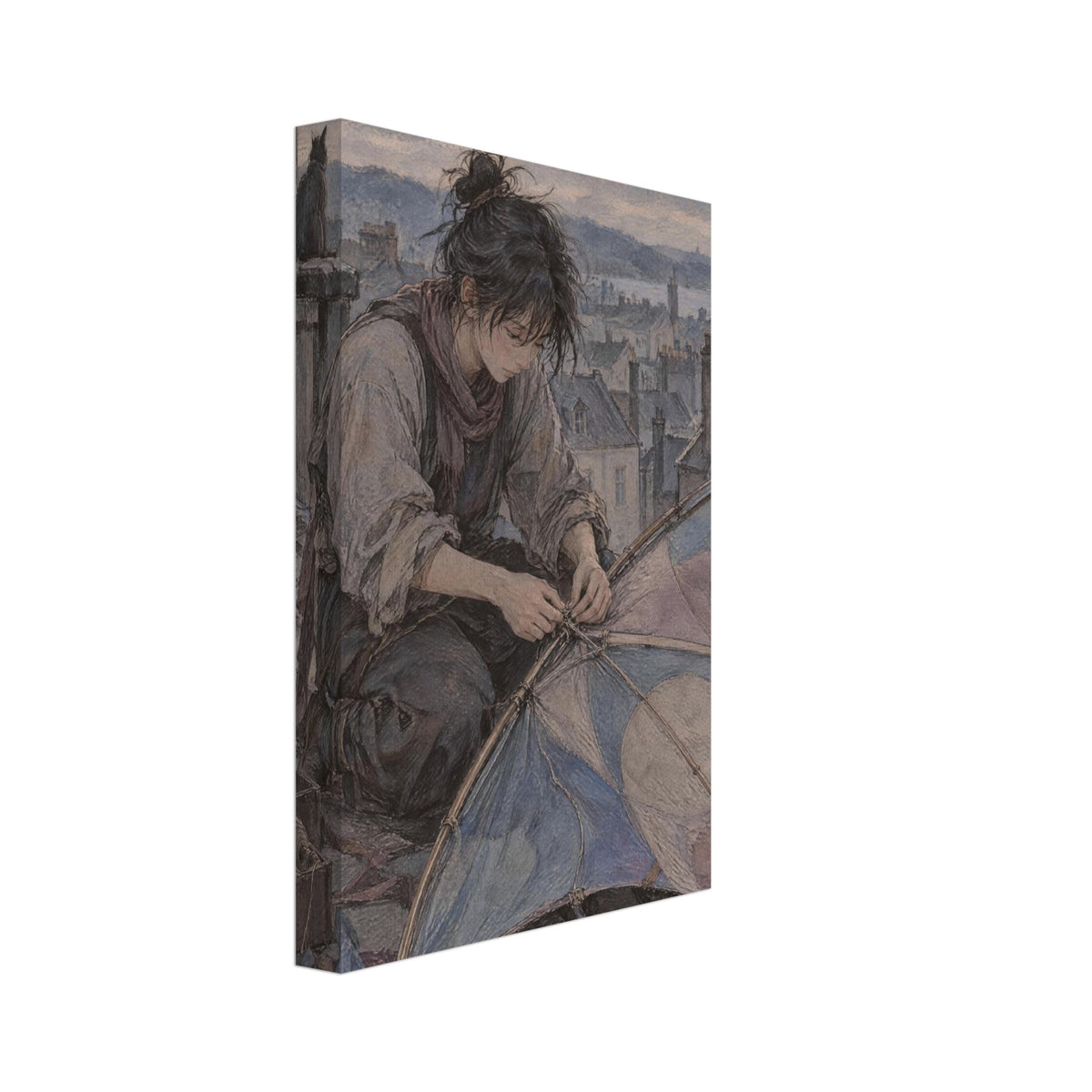 Seated figure mending a blue and beige patchwork kite on a rooftop, with a cat, chimneys and a cloudy sky behind.