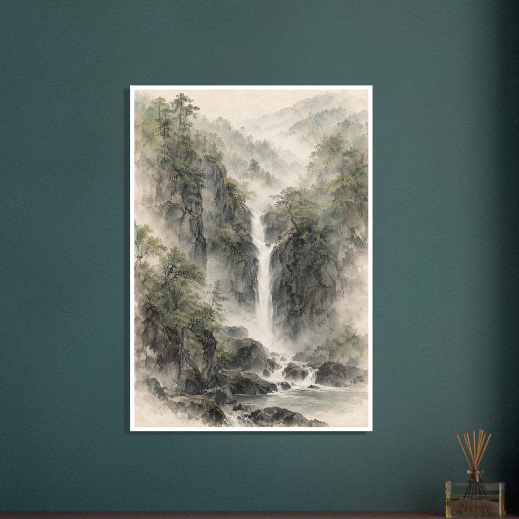 Waterfall cascading between rocky, tree-covered cliffs into a pool, with misty forested hills in muted green and grey.