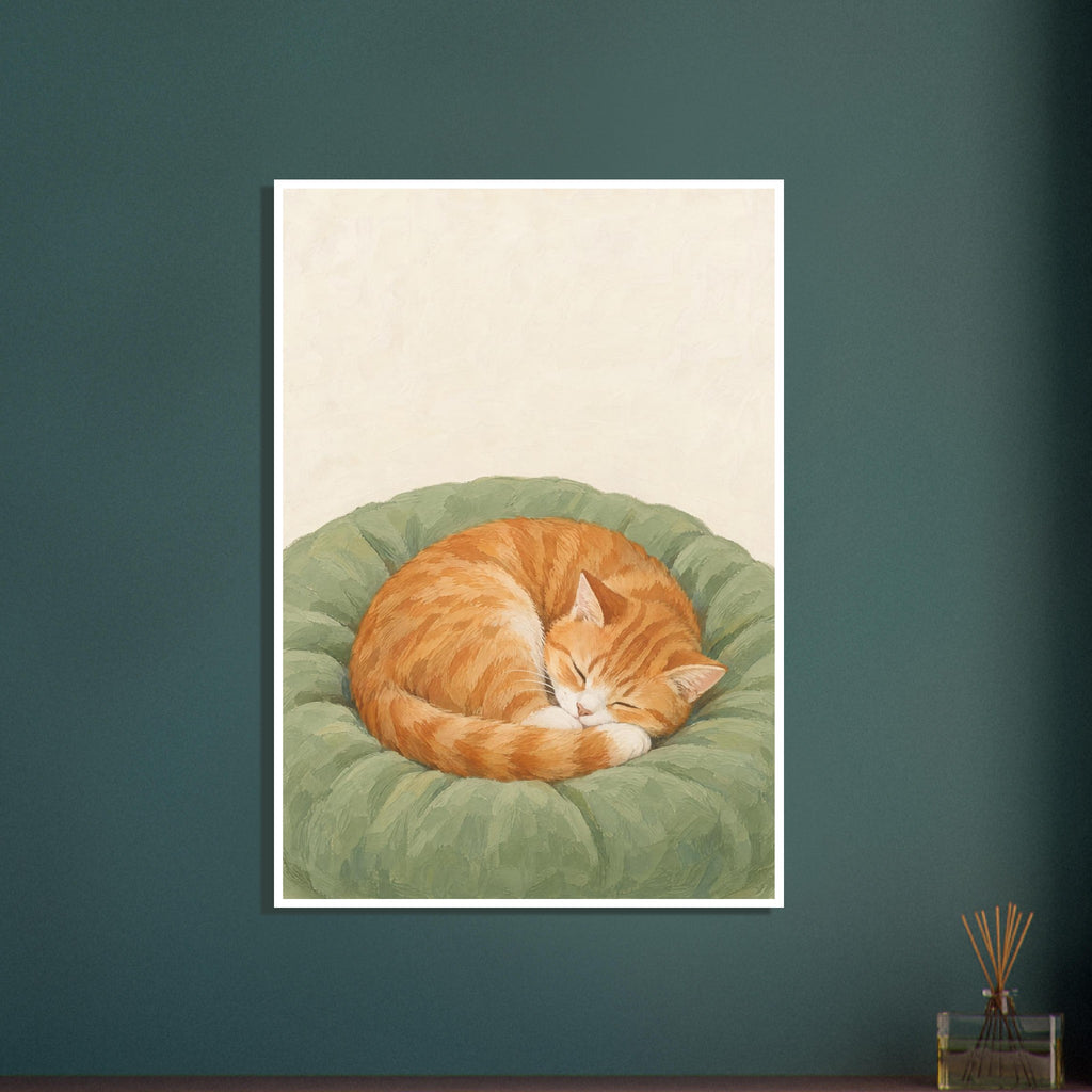 Ginger tabby cat sleeping curled on a sage-green cushion against a cream background, rendered with textured brushstrokes.
