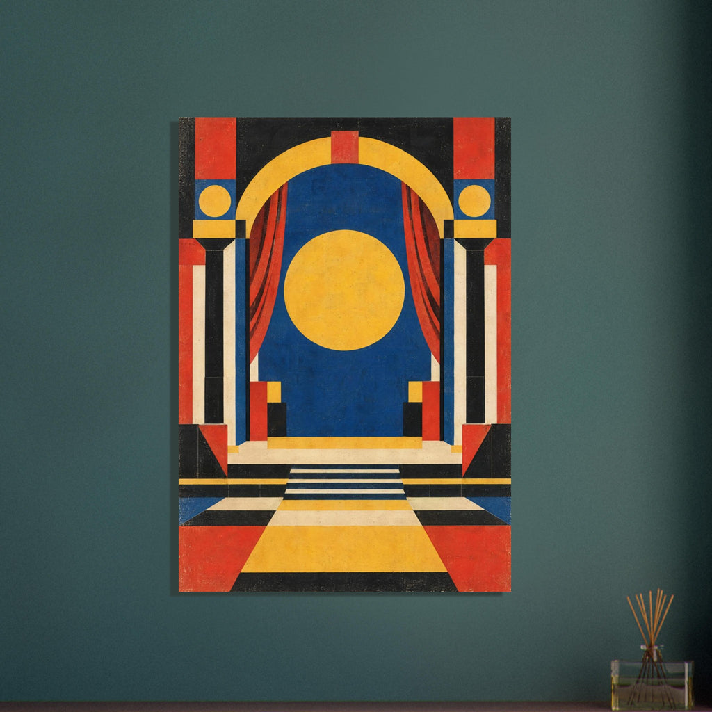 Geometric theatre stage with red curtains, a yellow arch and circle, blue backdrop, angular columns and steps.