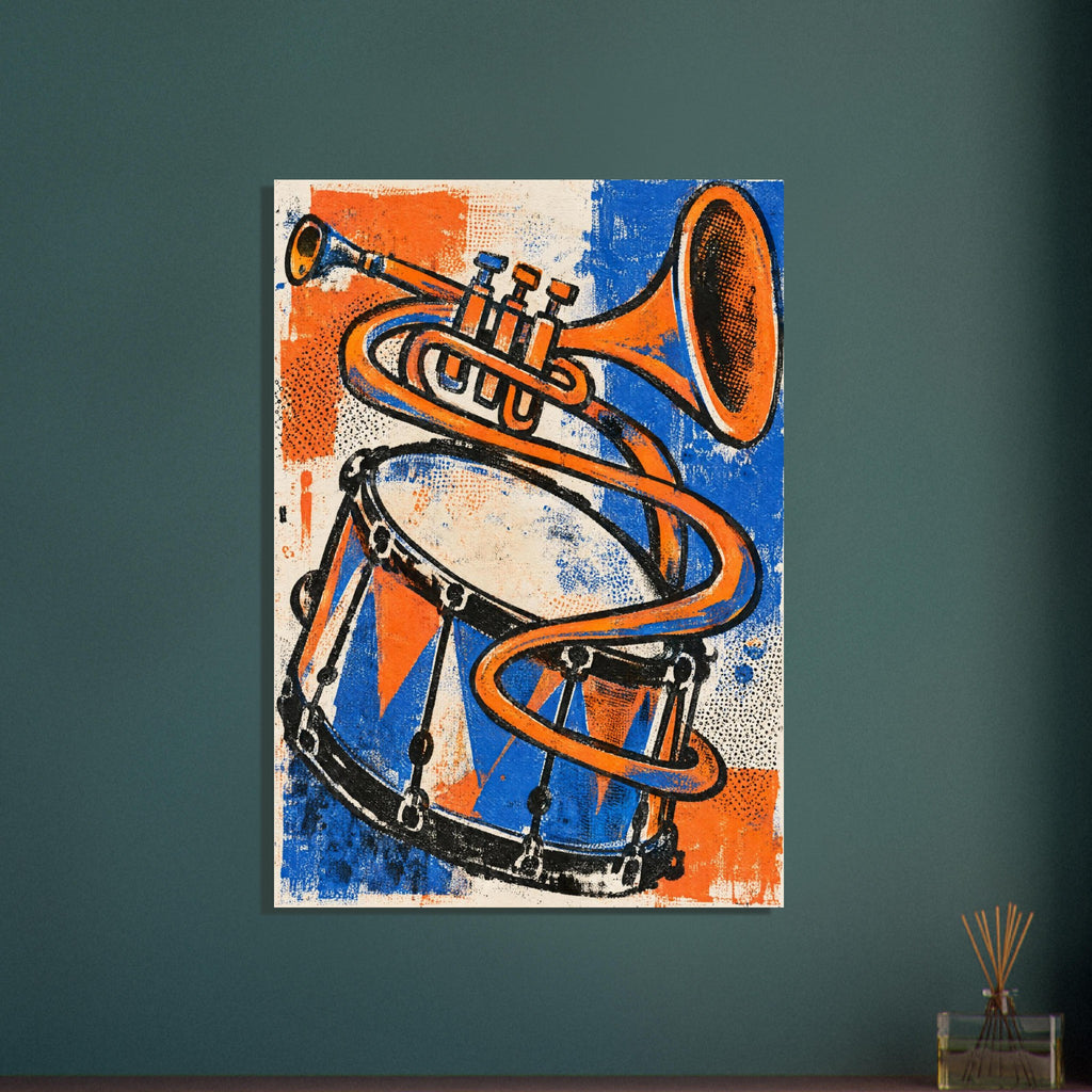 Orange trumpet with looping tubing above a blue and orange drum, with distressed black outlines on a cream background.