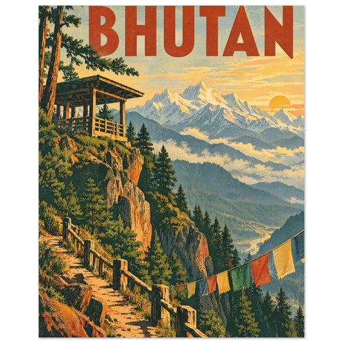 Bhutan travel poster with snowy mountains, pine cliffs, a wooden pavilion, colourful flags and bold red lettering.