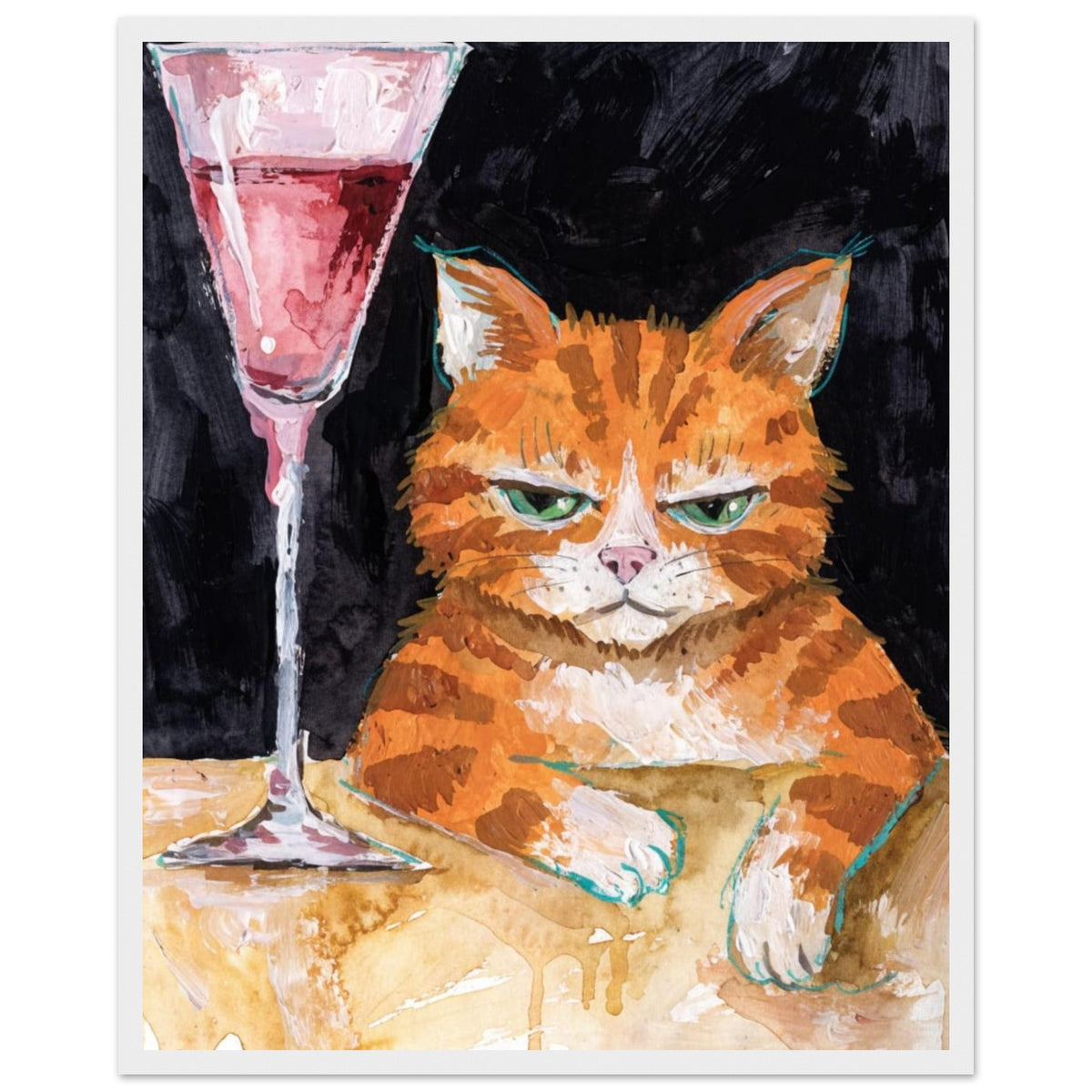 Ginger cat with green eyes resting its white paws on a golden table beside a tall glass of pink liquid, on black.