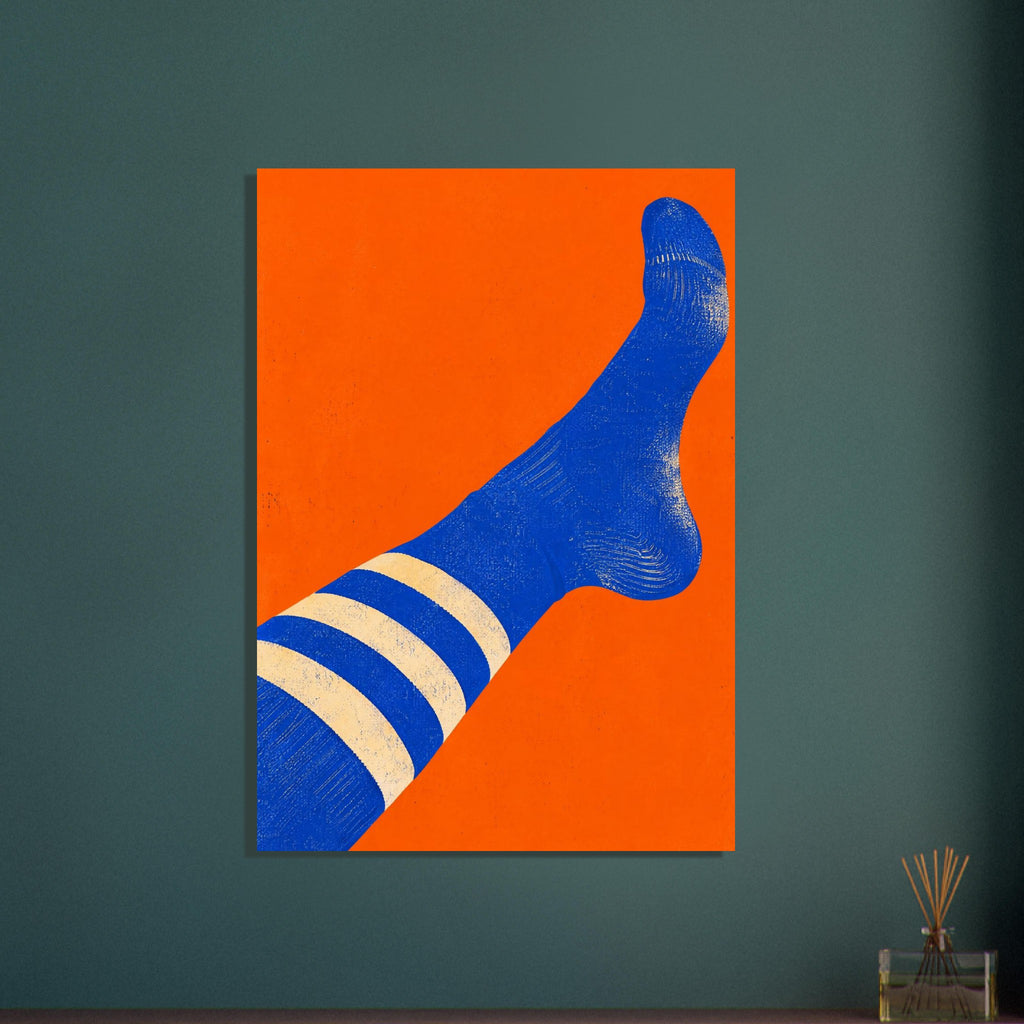 Blue sock with three cream stripes stretching diagonally across an orange background, with a distressed texture.