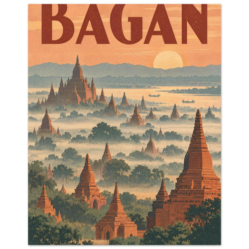 Bagan lettering above terracotta temples and green trees in mist, with water, distant hills and a low sun in an orange sky.