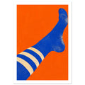Blue sock with three cream stripes stretching diagonally across an orange background, with a distressed texture.