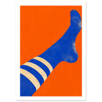 Blue sock with three cream stripes stretching diagonally across an orange background, with a distressed texture.