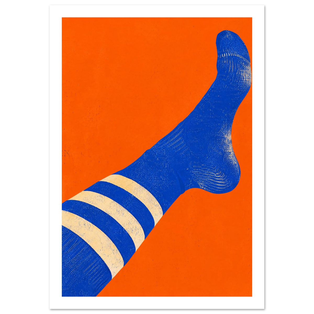 Blue sock with three cream stripes stretching diagonally across an orange background, with a distressed texture.
