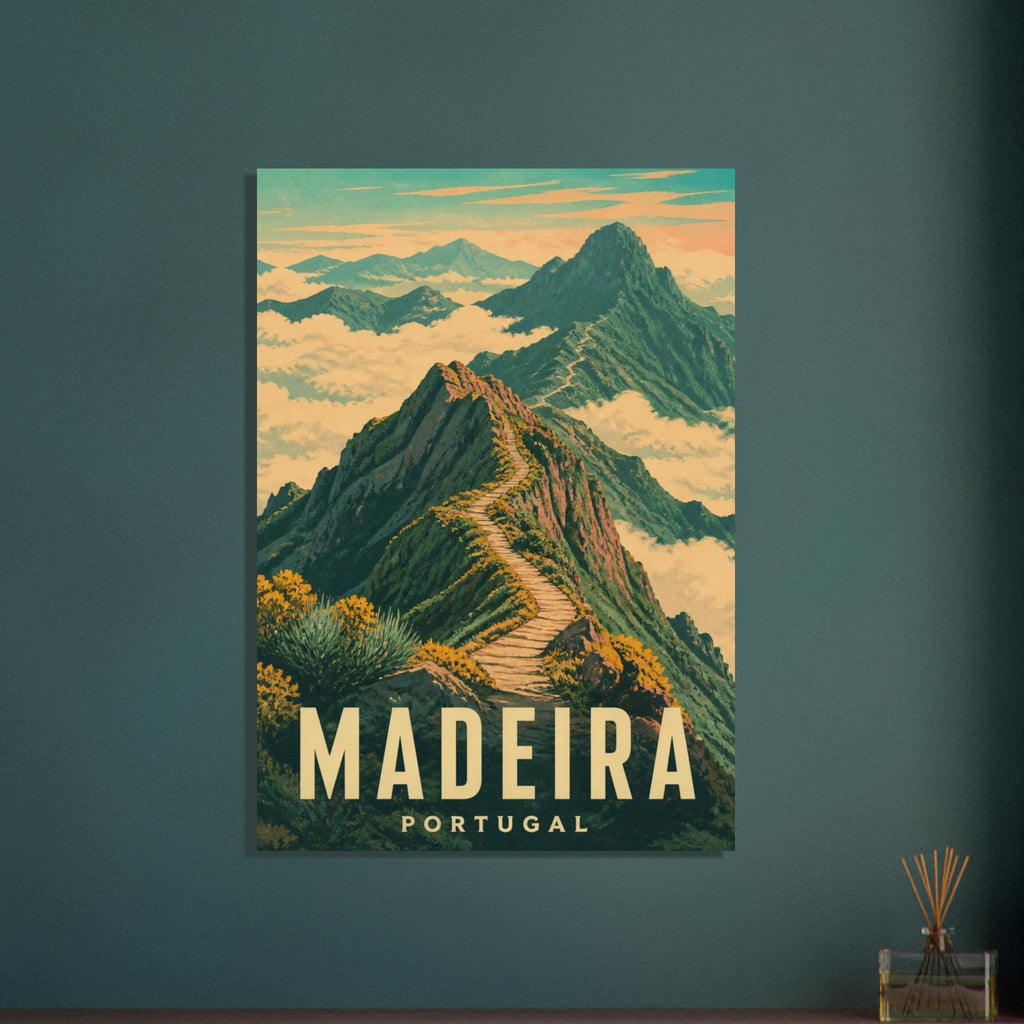 Madeira mountain ridges above clouds, with a winding stepped path, green peaks and yellow Madeira Portugal lettering.