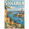Stockholm travel poster with cream lettering, blue waterways, white ferries, golden buildings and a leafy foreground.
