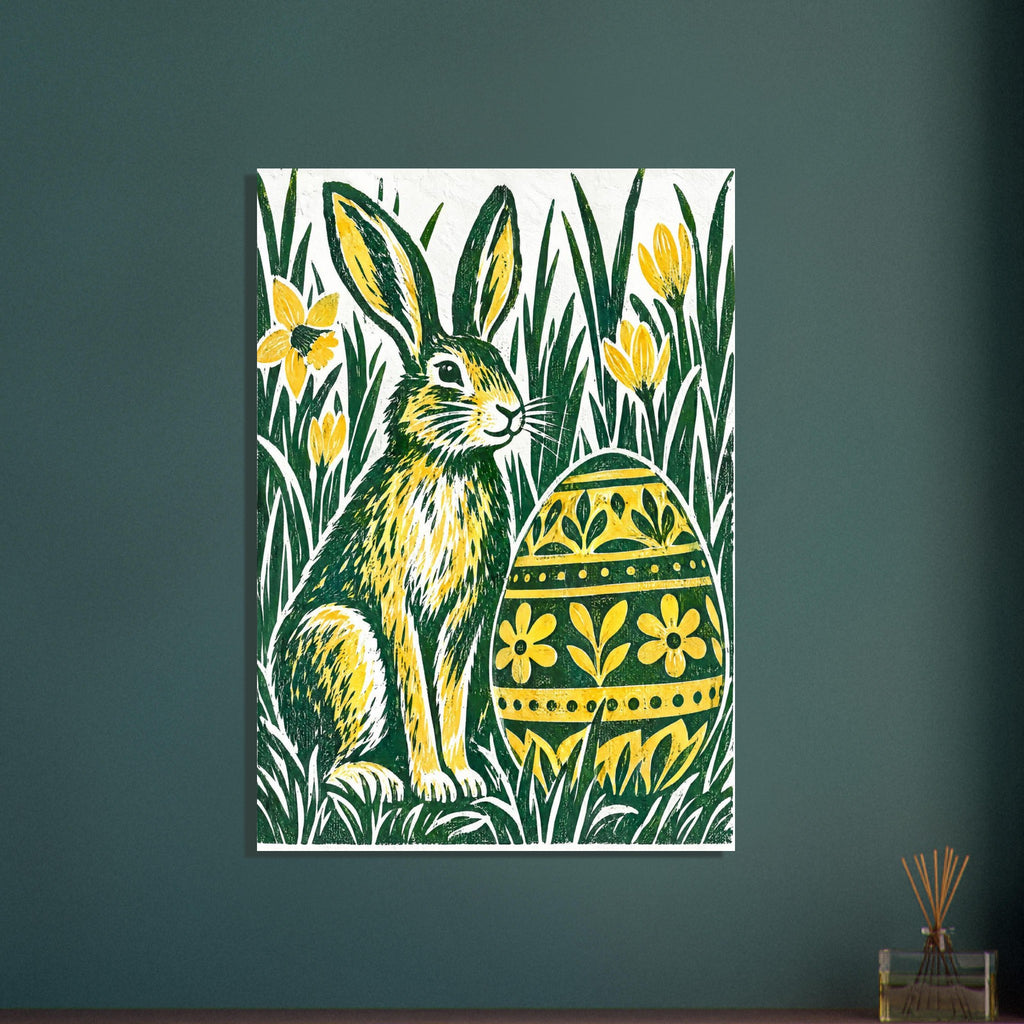 Green and yellow hare beside a floral-patterned Easter egg, surrounded by tall grass and yellow flowers on off-white.