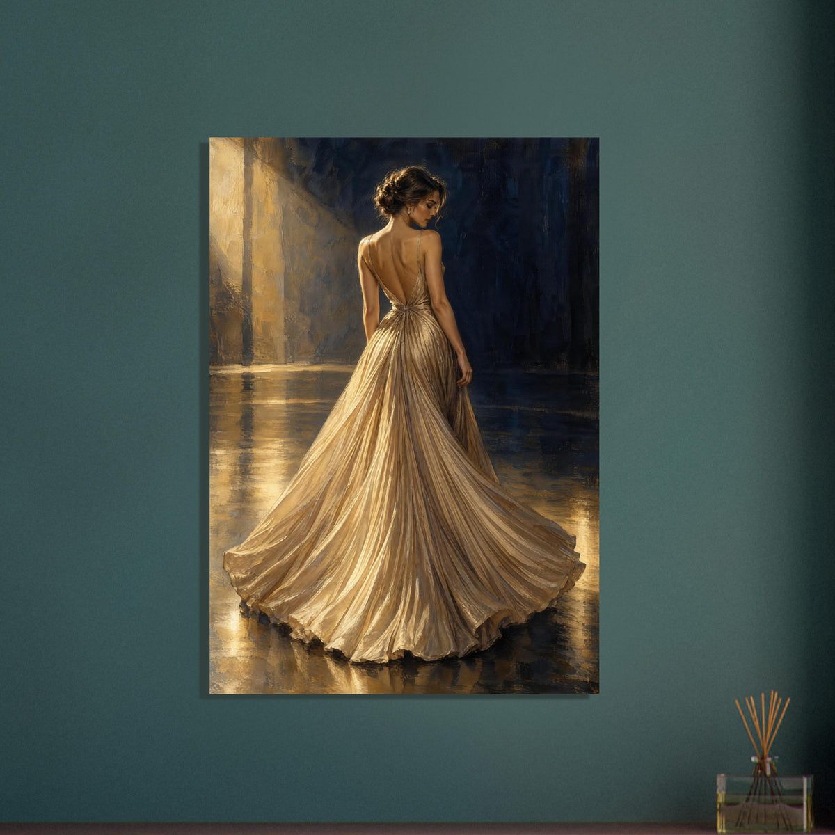 Champagne Pleats depicts a woman from behind in a fan-shaped pleated evening gown, lit from the side against navy.