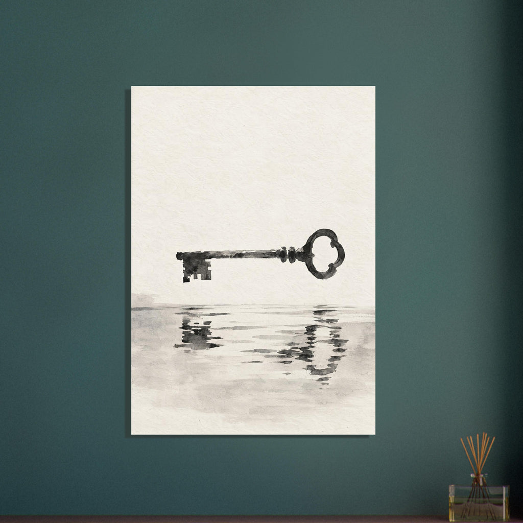 Dark old-fashioned key suspended above its rippling reflection, painted in grey washes on a textured cream background.