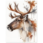 Watercolour reindeer head in profile with large antlers and loose paint splashes