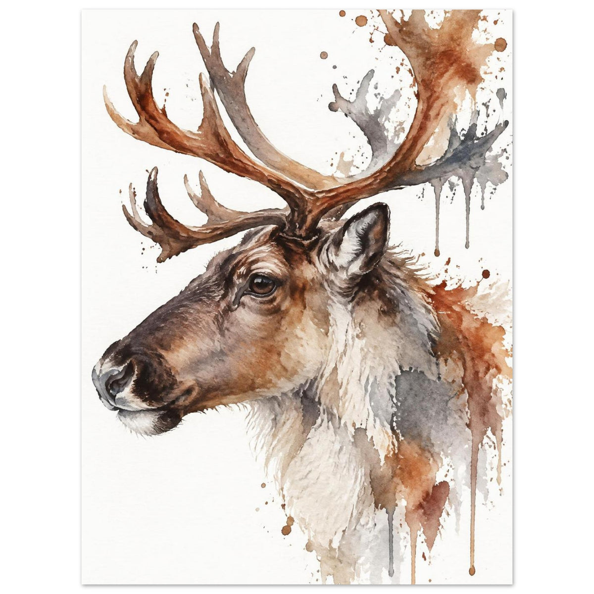 Watercolour reindeer head in profile with large antlers and loose paint splashes