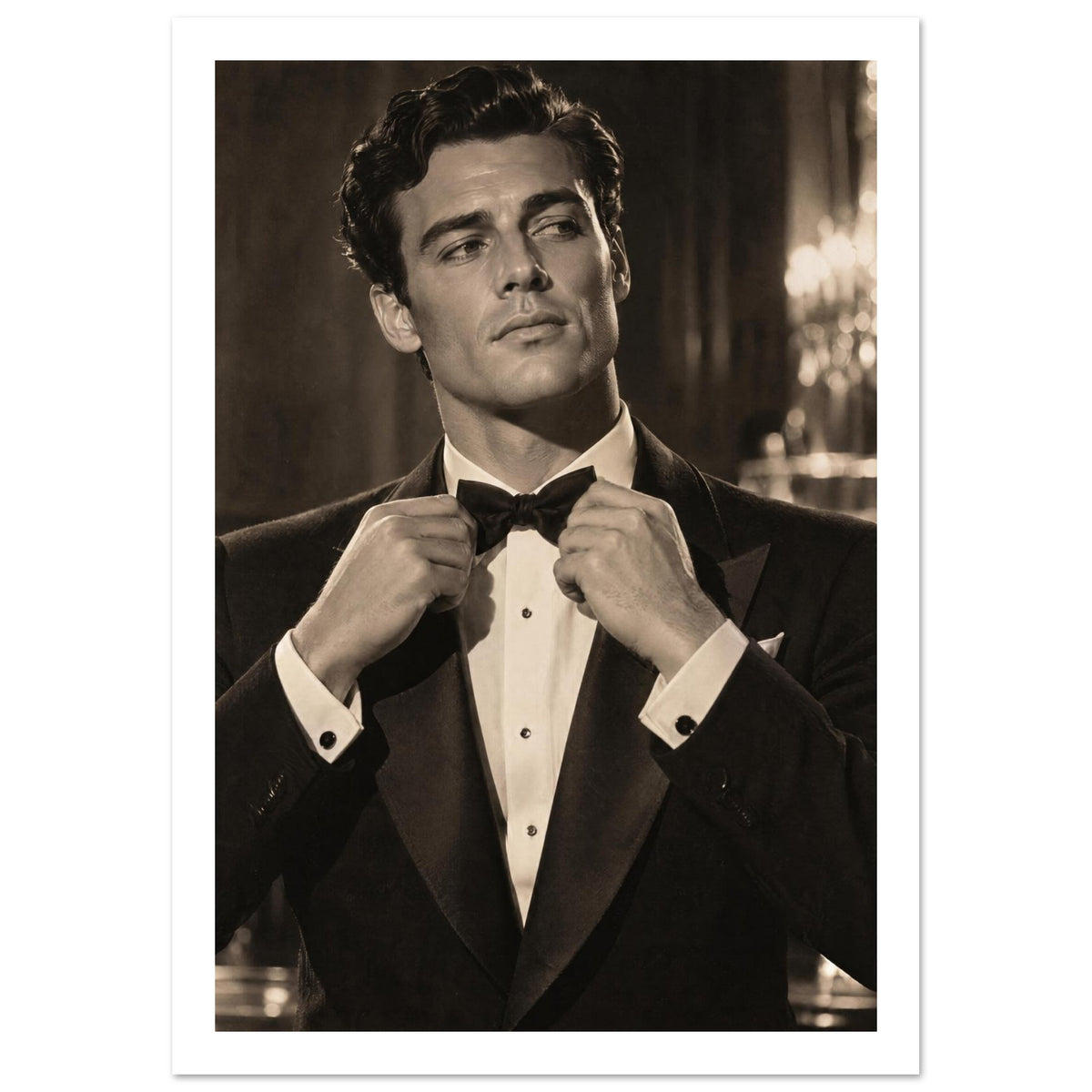 Man in a dark dinner jacket adjusting his bow tie, looking sideways, with blurred lights behind him in warm sepia tones.