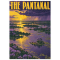 Pantanal floodplain at sunset with purple water, yellow reflections, wooded islands and bold yellow ‘The Pantanal’ lettering.
