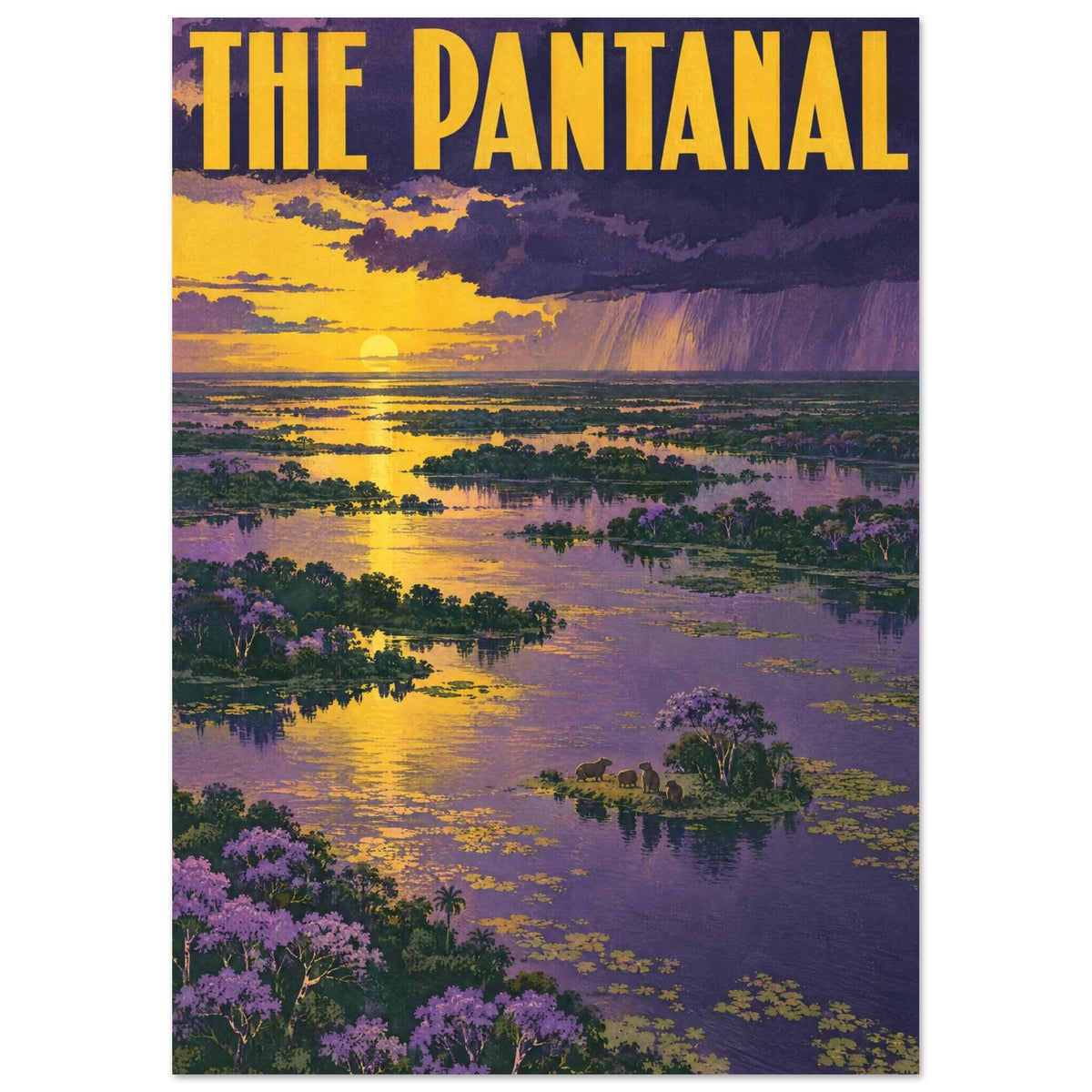 Pantanal floodplain at sunset with purple water, yellow reflections, wooded islands and bold yellow ‘The Pantanal’ lettering.