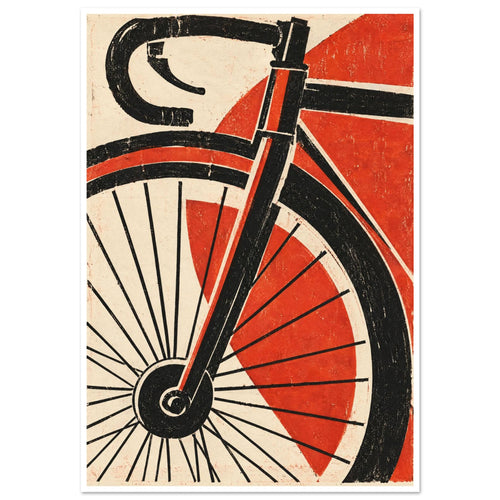 Bicycle front wheel, fork and drop handlebar in black against red geometric shapes and a distressed cream background.