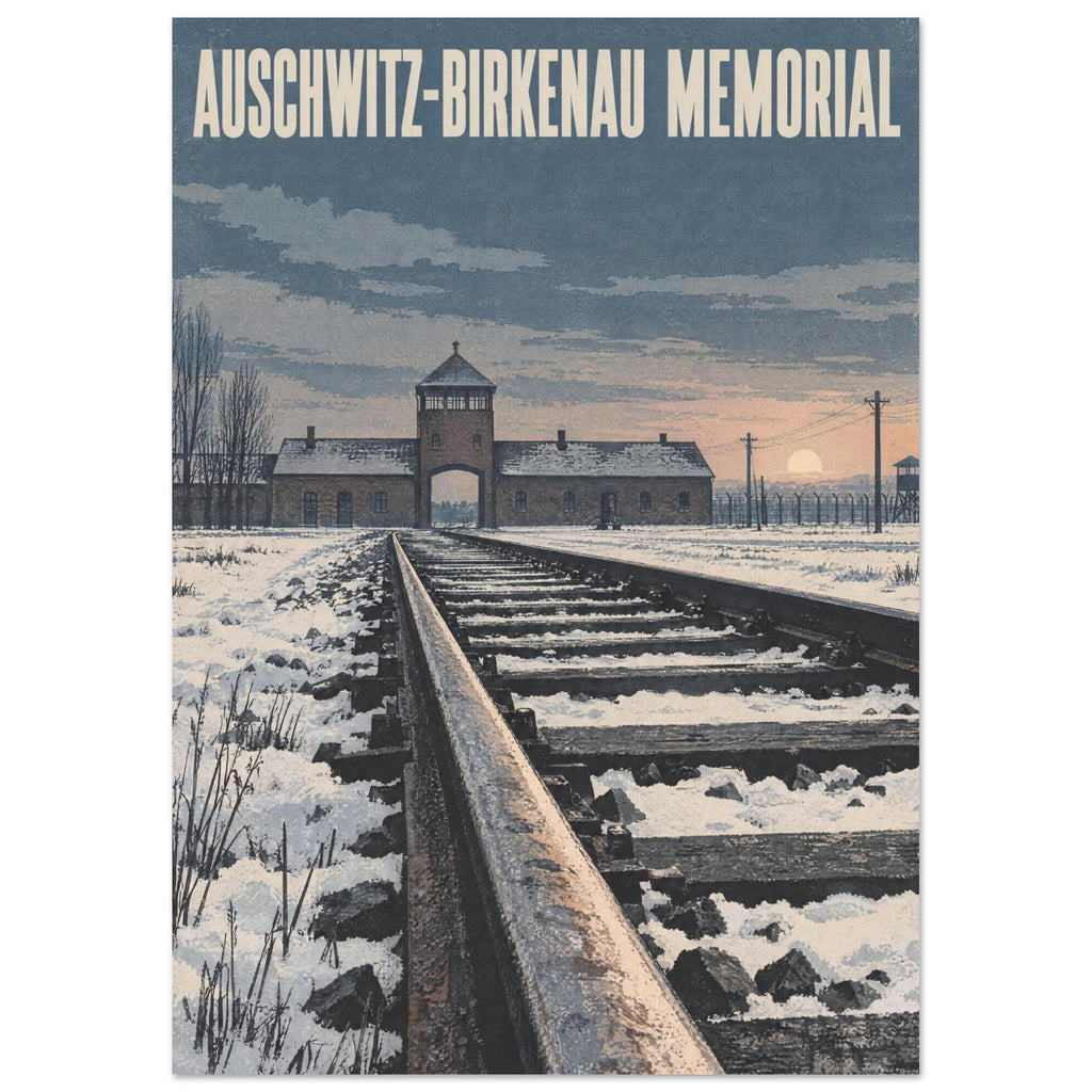 Snow-covered railway tracks lead to the Auschwitz-Birkenau gatehouse beneath memorial lettering and a blue-grey sky.