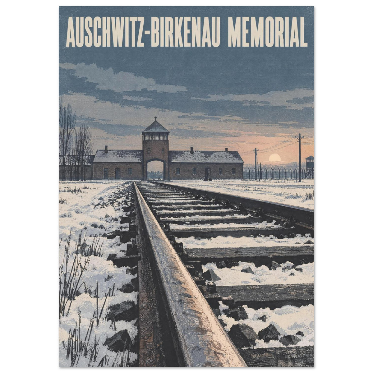 Snow-covered railway tracks lead to the Auschwitz-Birkenau gatehouse beneath memorial lettering and a blue-grey sky.