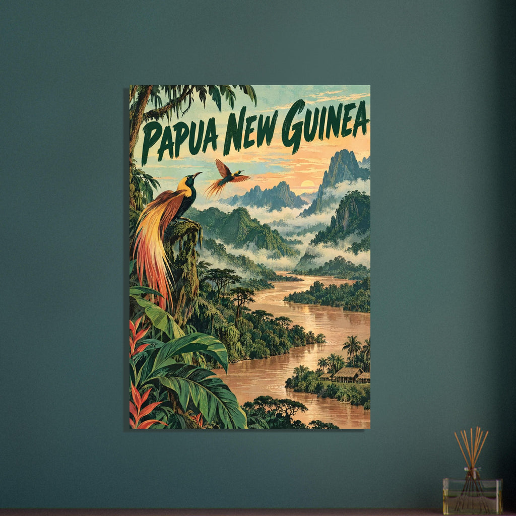 Papua New Guinea lettering above tropical birds, lush foliage and a winding river beneath misty mountains at sunset.