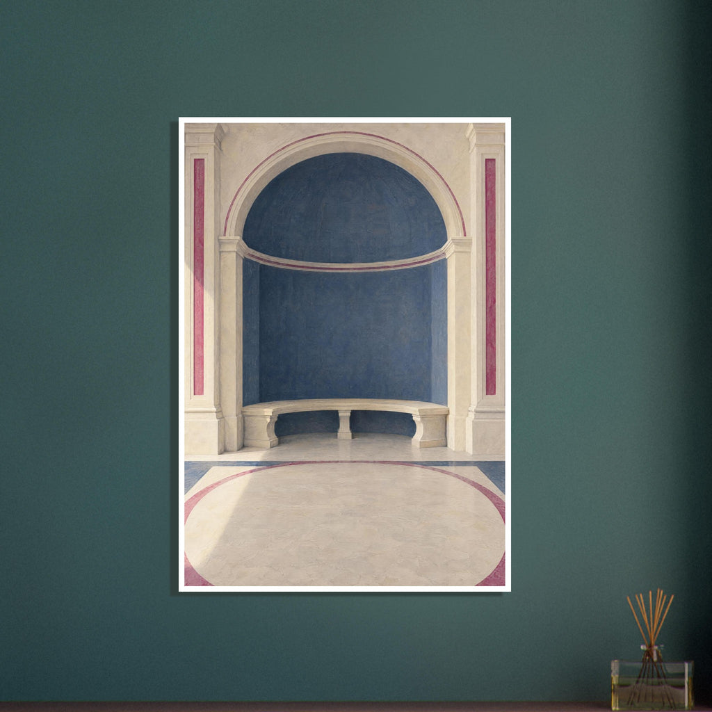Blue arched alcove with a curved cream stone bench, classical columns and rose-coloured borders across the floor.