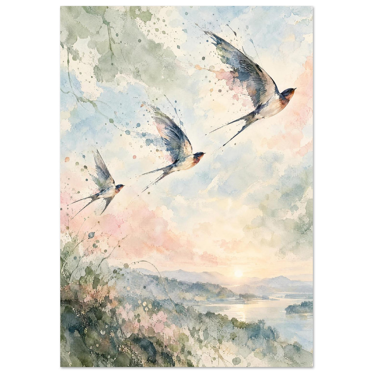Three swallows flying above a lake and soft hills in a pale watercolour sky