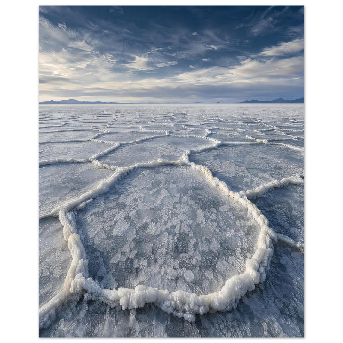 Salt flats with raised polygon-shaped ridges stretching towards distant mountains beneath a blue, cloud-streaked sky.