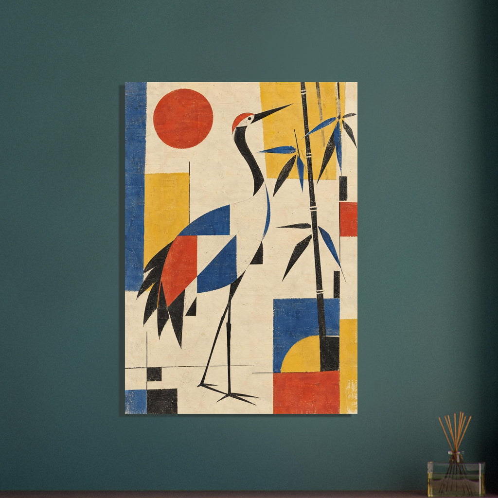 Stylised crane beside bamboo with red, blue and yellow geometric blocks on a textured cream background.
