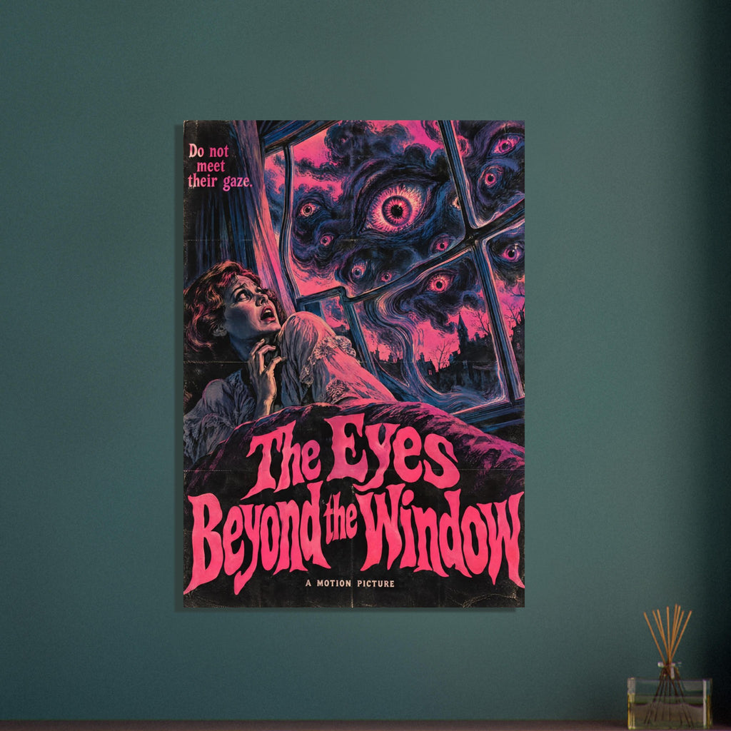 Frightened woman beside a window filled with giant pink eyes, with distressed lettering reading The Eyes Beyond the Window.