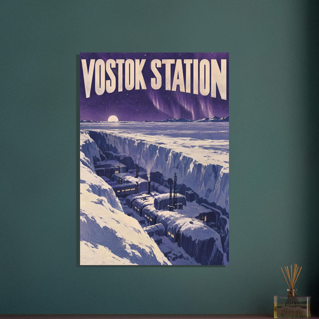 Vostok Station buildings nestled between ice walls beneath a purple sky, stars and aurora, with large cream lettering.