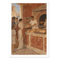 Baker handing bread to a woman beside waiting customers, with loaves on a counter and a brick oven behind.