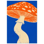 Mushroom with an orange spotted cap, cream gills and a curved cream stem against a vivid blue background.